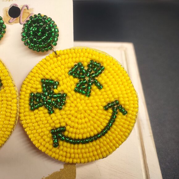 Southern Cuties Boutique St. Patrick's Day Smiley Face Shamrock Beaded Earrings - Picture 2 of 7